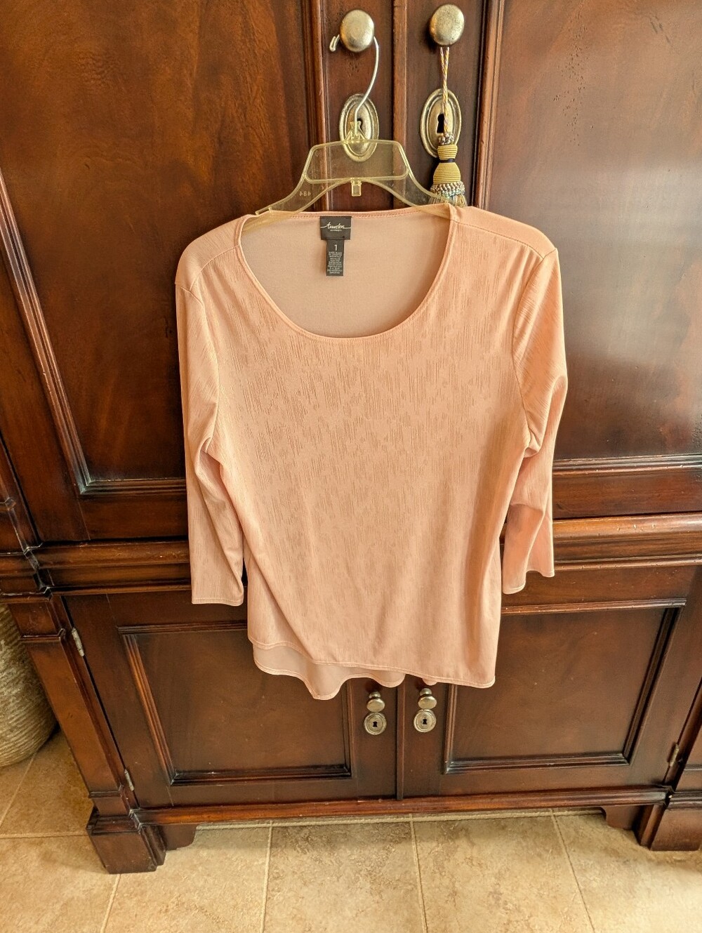 Chico's Travelers Peach Scoop-Neck 3/4 Sleeve Knit Top Sz 1